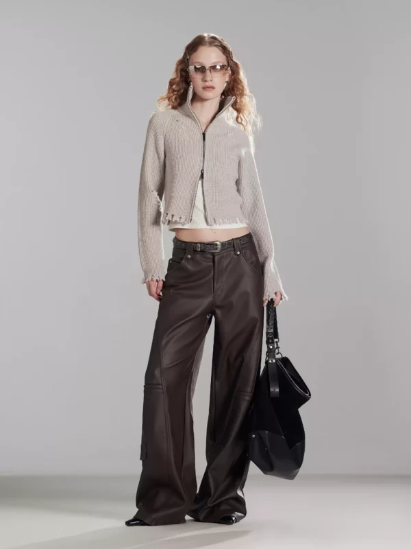 Brown low-rise matte pu leather pants - Image 2