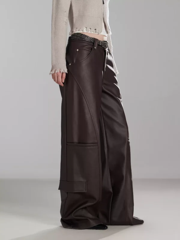 Brown low-rise matte pu leather pants - Image 4