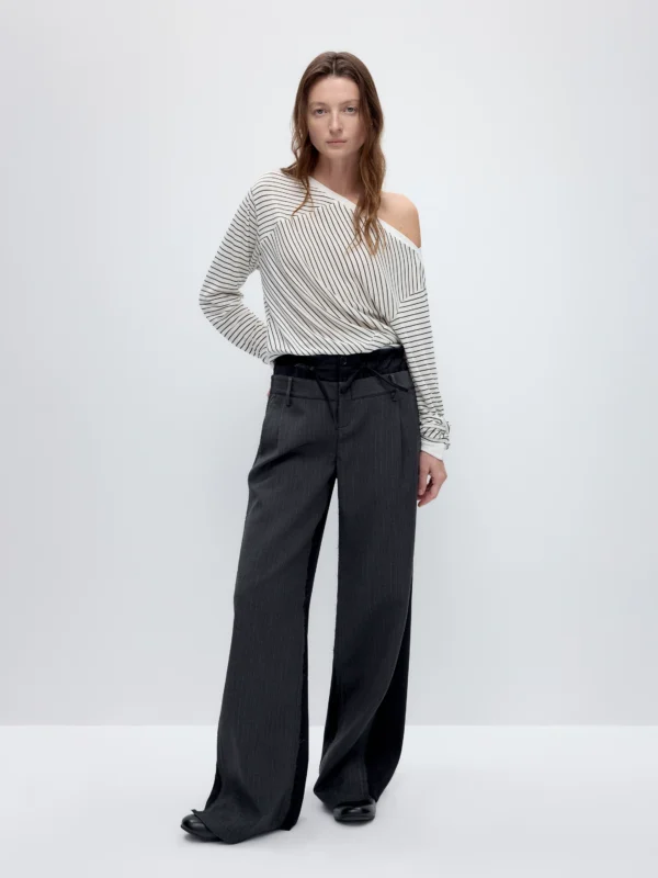 Double-waist color-blocking striped drawstring casual pants