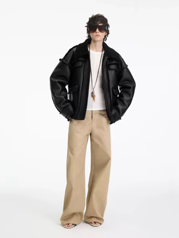Khaki pure cotton and leopard print curved knife casual pants - Image 3