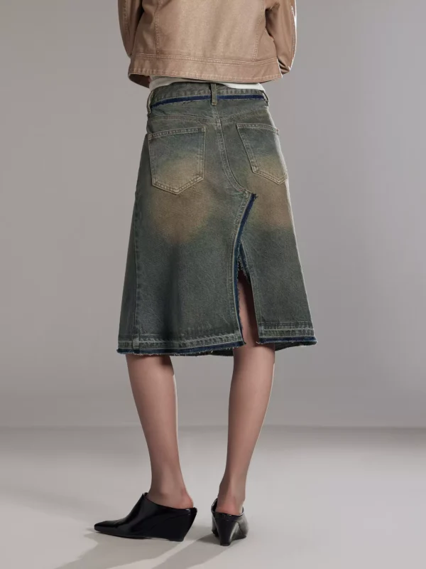 Low-waisted A-line skirt with patchwork fringes - Image 3