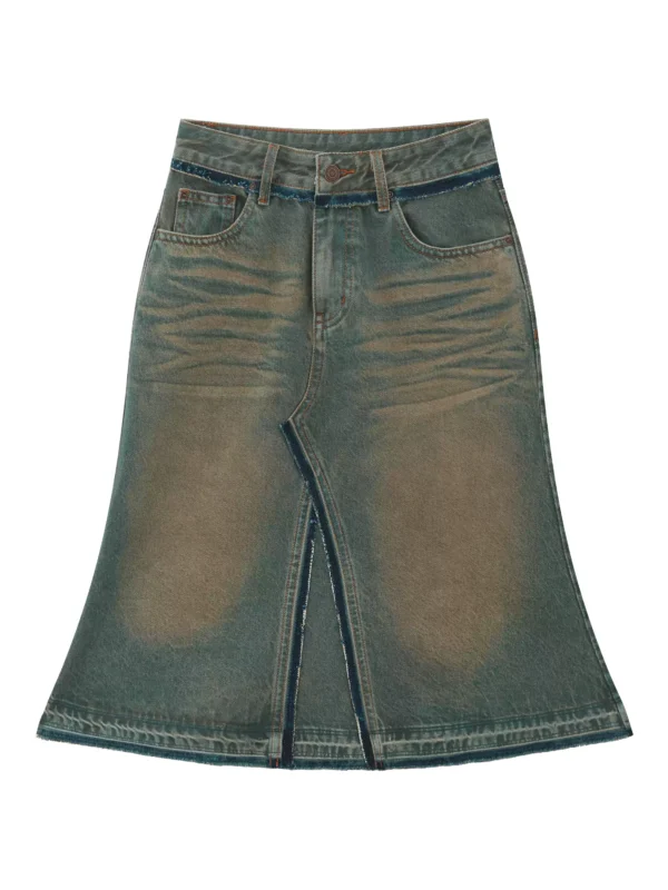 Low-waisted A-line skirt with patchwork fringes - Image 4