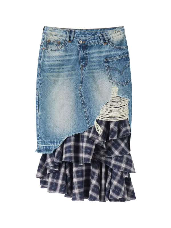 Irregular checkered patchwork denim skirt - Image 4