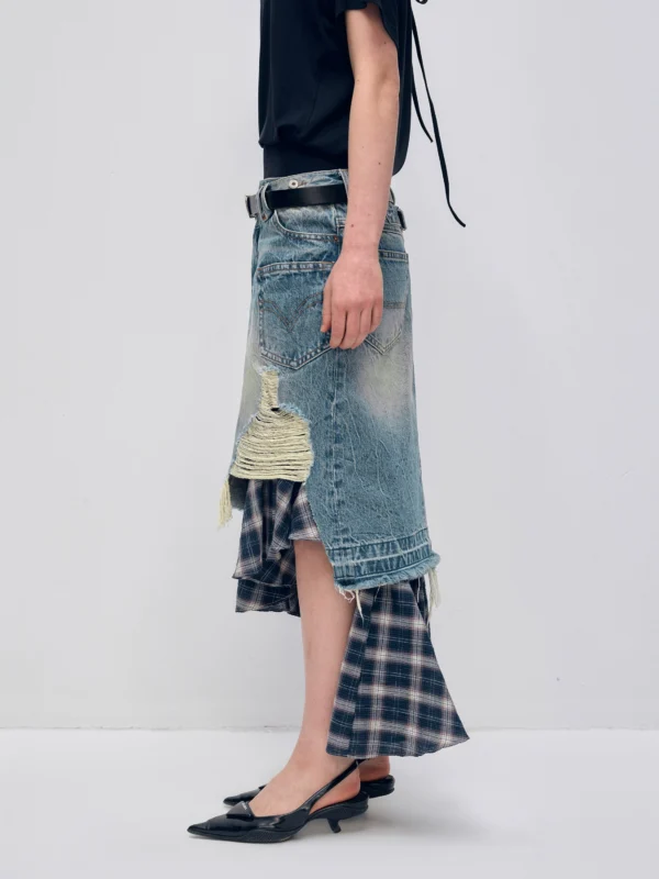 Irregular checkered patchwork denim skirt - Image 3