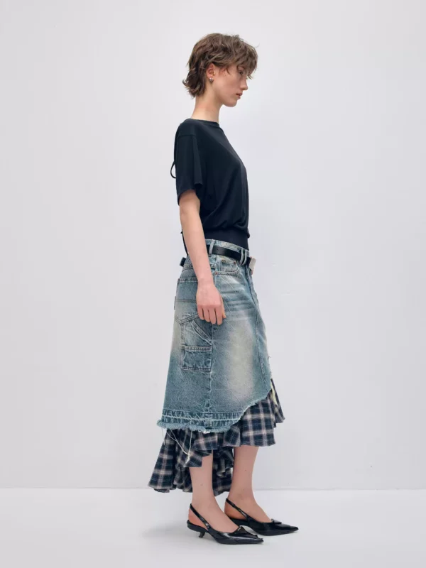 Irregular checkered patchwork denim skirt - Image 2