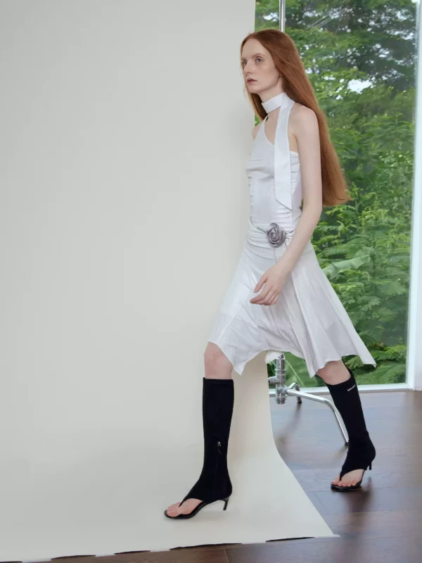 Off-the-shoulder, glossy design halter dress - Image 2