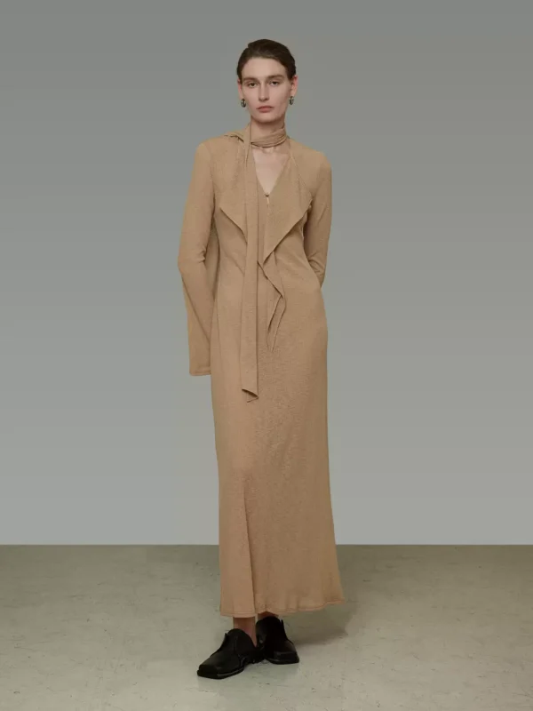 A stylish V-neck dress with flowing ribbons