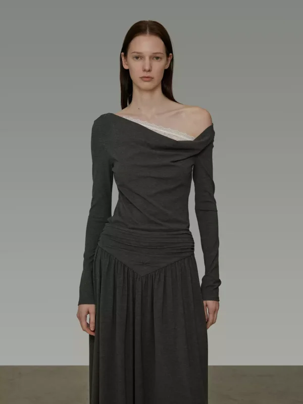 Lace-stitched off-the-shoulder knitted dress for women - Image 2