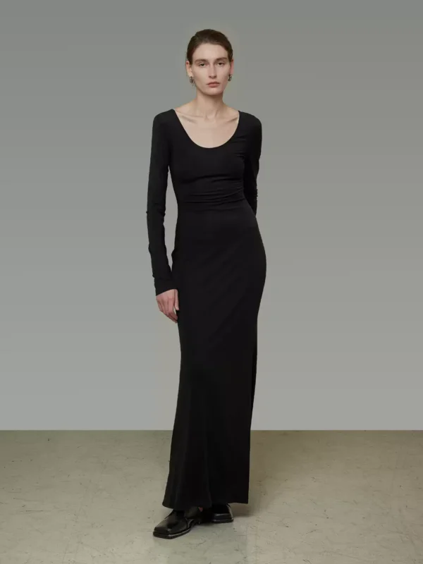 A black fitted large U-neck dress for women