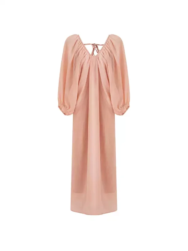 A laid-back and relaxed V-neck long dress with lantern sleeves - Image 4