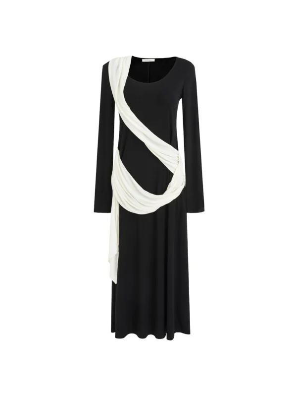 Minimalist color-blocking ribbon long-sleeved dress - Image 4