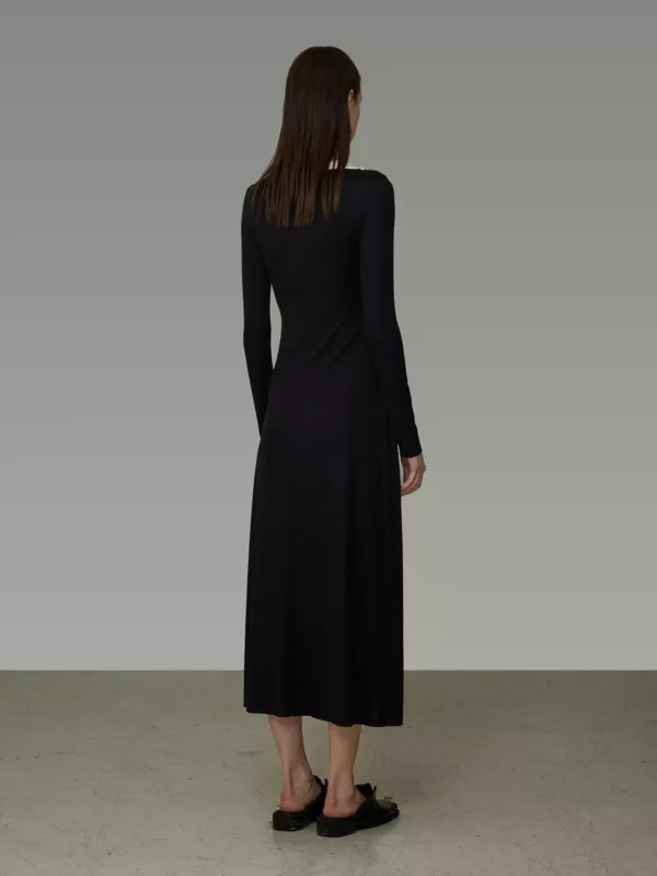 Minimalist color-blocking ribbon long-sleeved dress - Image 3