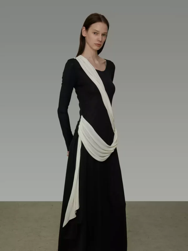 Minimalist color-blocking ribbon long-sleeved dress - Image 2