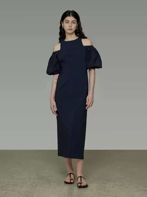 Navy blue fitted puffed-sleeve dress - Image 3