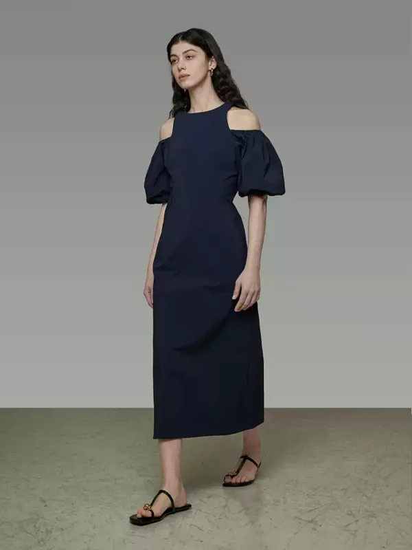 Navy blue fitted puffed-sleeve dress - Image 2