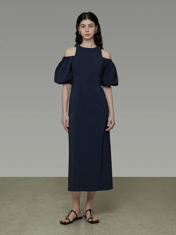 Navy blue fitted puffed-sleeve dress