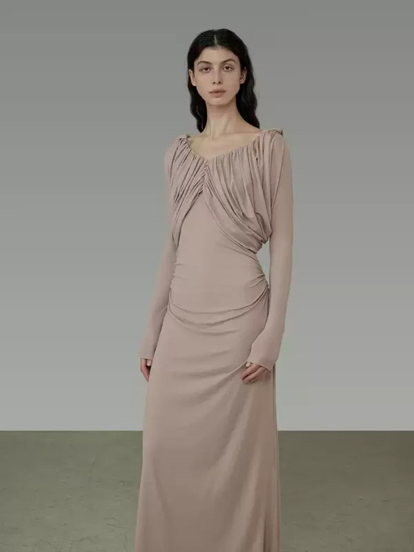 A pleated V-neck long-sleeved dress for women - Image 2