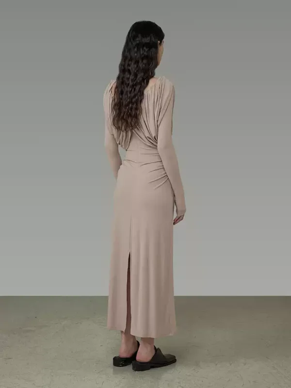 A pleated V-neck long-sleeved dress for women - Image 3