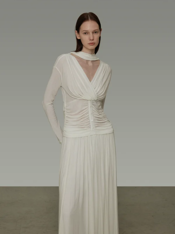 Ribbon pleated V-neck cinched-waist dress - Image 2